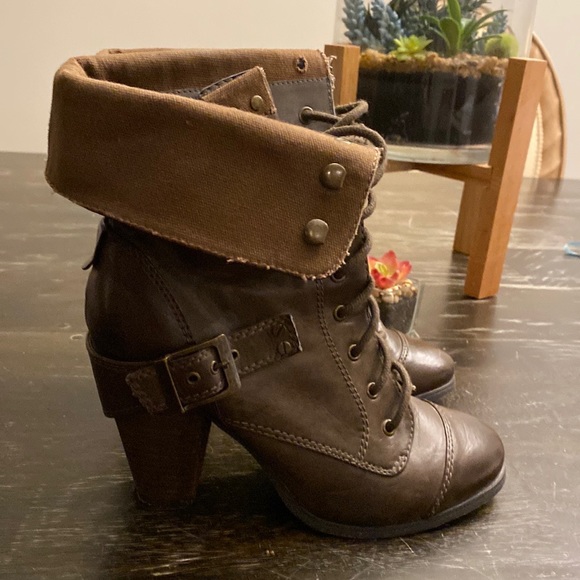 Steve Madden | AWOLL Combat Moto Heel Leather Boots brown women’s 8.5 - Picture 5 of 9
